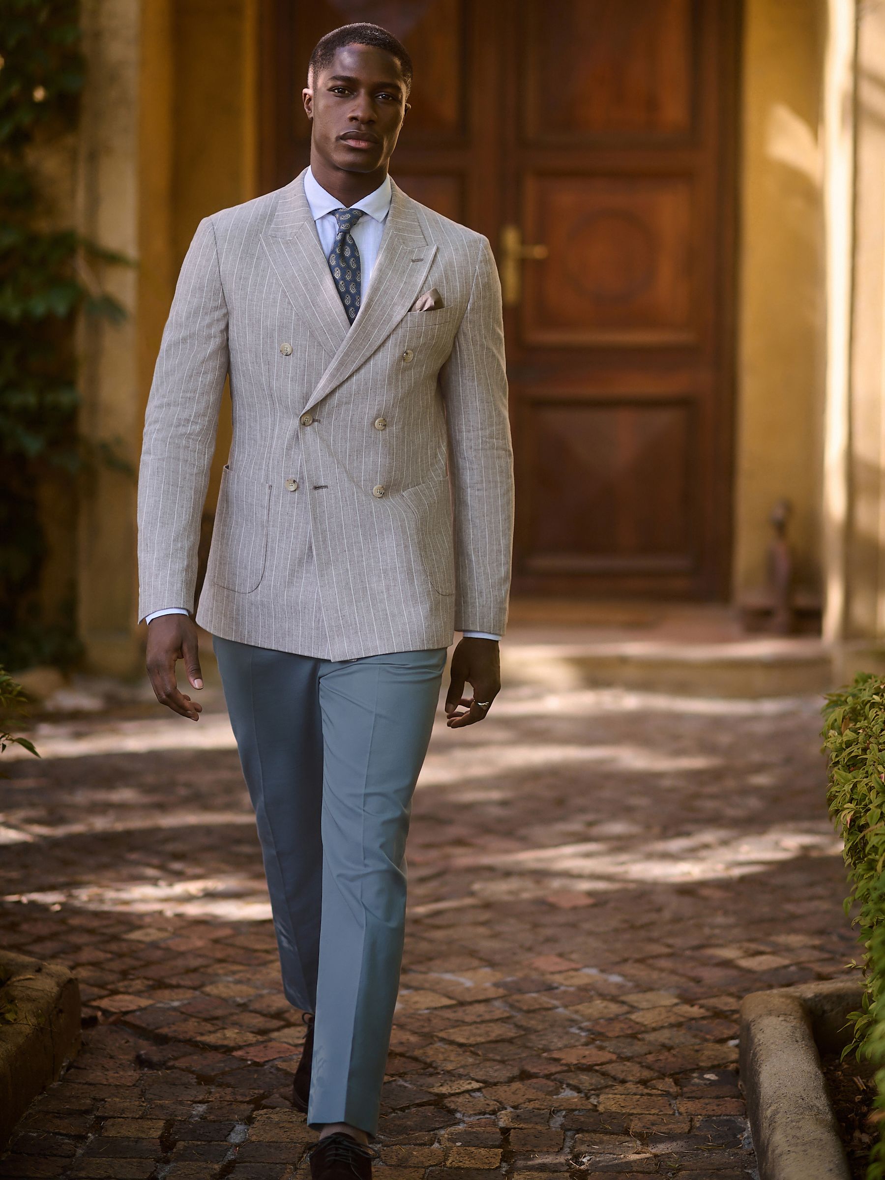 Blauw - Slim-fit katoenen mix Broeken met verstelbare zijkanten, linnen en lyocell.