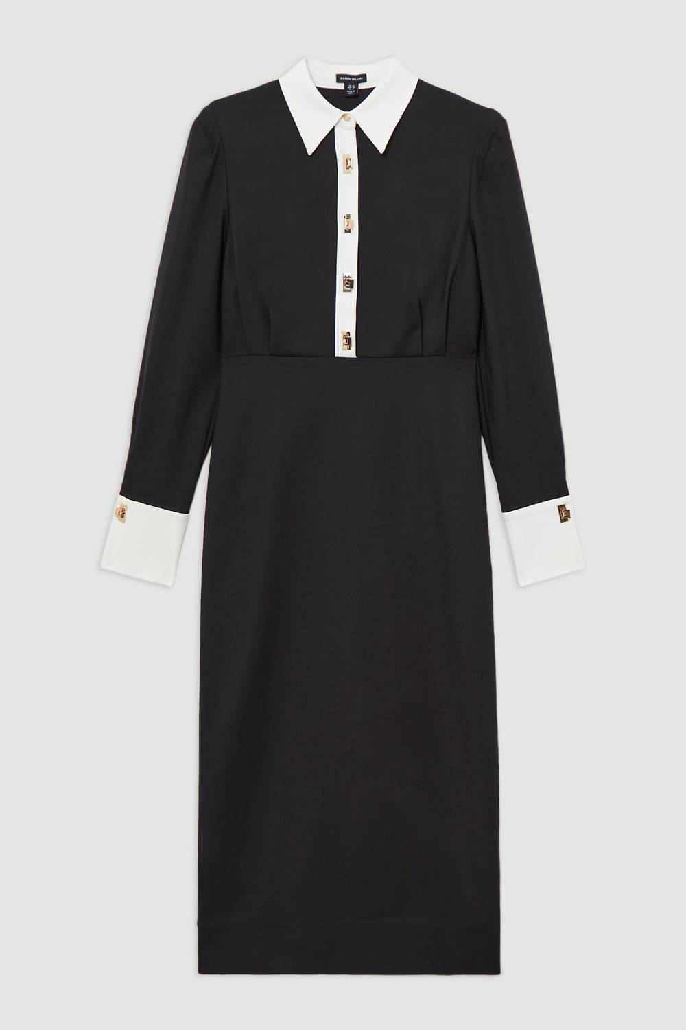 KarenMillen Robe Chemise Maxi en Coton Tissé Techno Petite avec Fermoirs Dorés