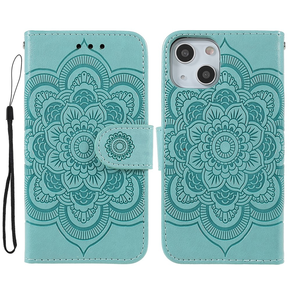 iPhone 13 Leder Tasche Wallet - Mandala Flowers Imprint - Türkis