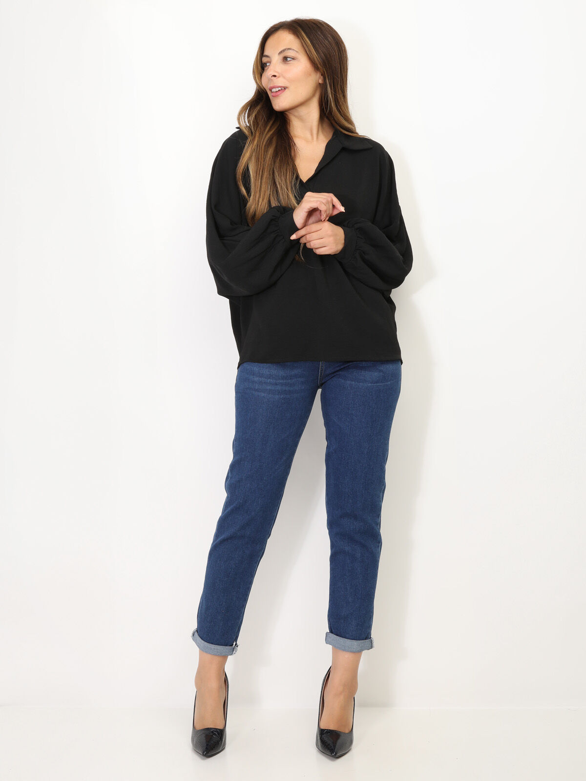 Blouse oversize à manches ballons- Noir