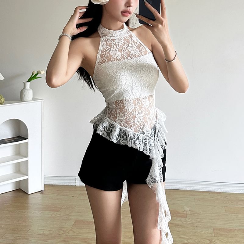 Sugarcoat - Haltermockneck, effen, asymmetrisch, geplooid, open rug, kanten crop top