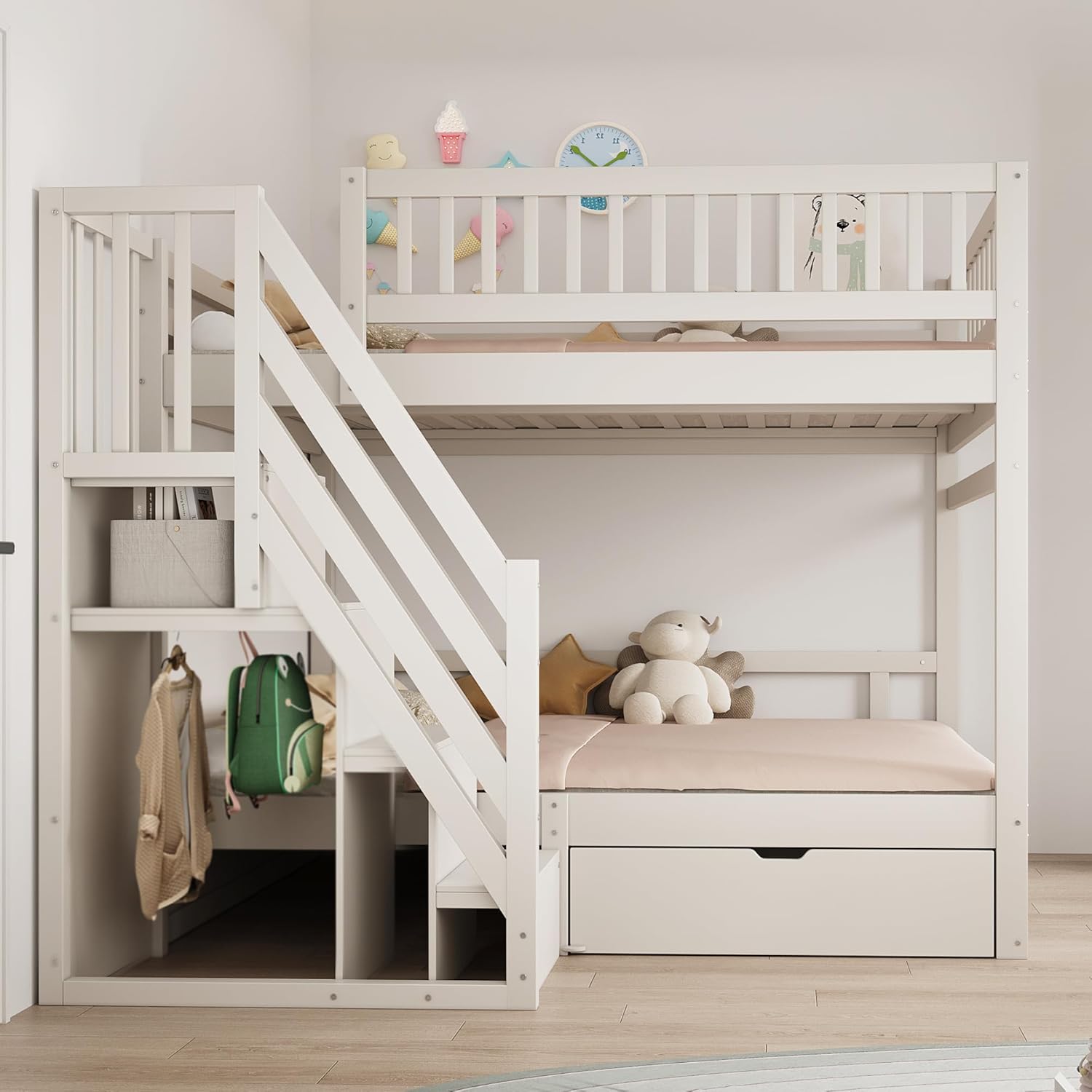 Kinderbett Etagenbett 140x200, Hochbett für 4 Kinder, Stockbett mit Treppe&Aufbewahrungsschrank&Schublade, Holzbett Jugenbett Funktionsbett mit Lattenrost&Rausfallschutz,Kiefernholz,Ohne Matratze,Weiß