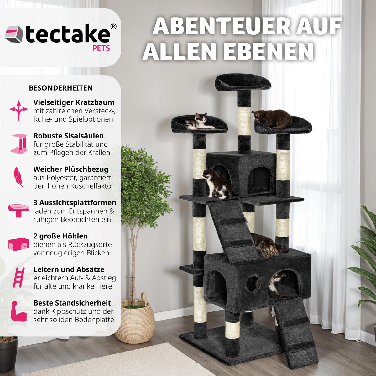 tectake Mogli 170 cm kattenboom inclusief 2 trappen en anti-kantelvoorziening