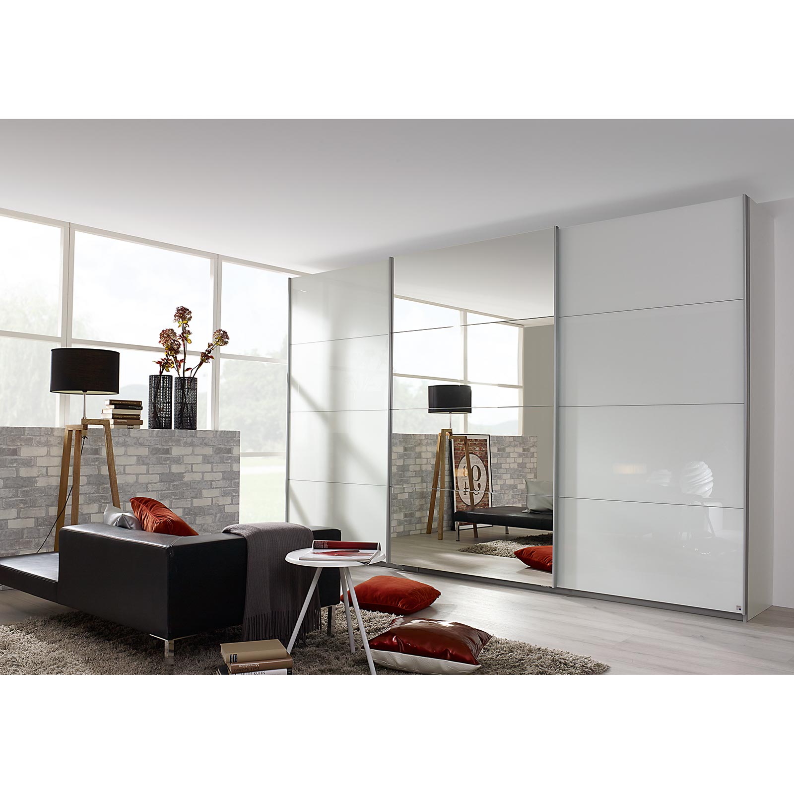 Schwebetürenschrank - alpinweiß - mit Spiegel - 2 Glastüren - 360x229 cm