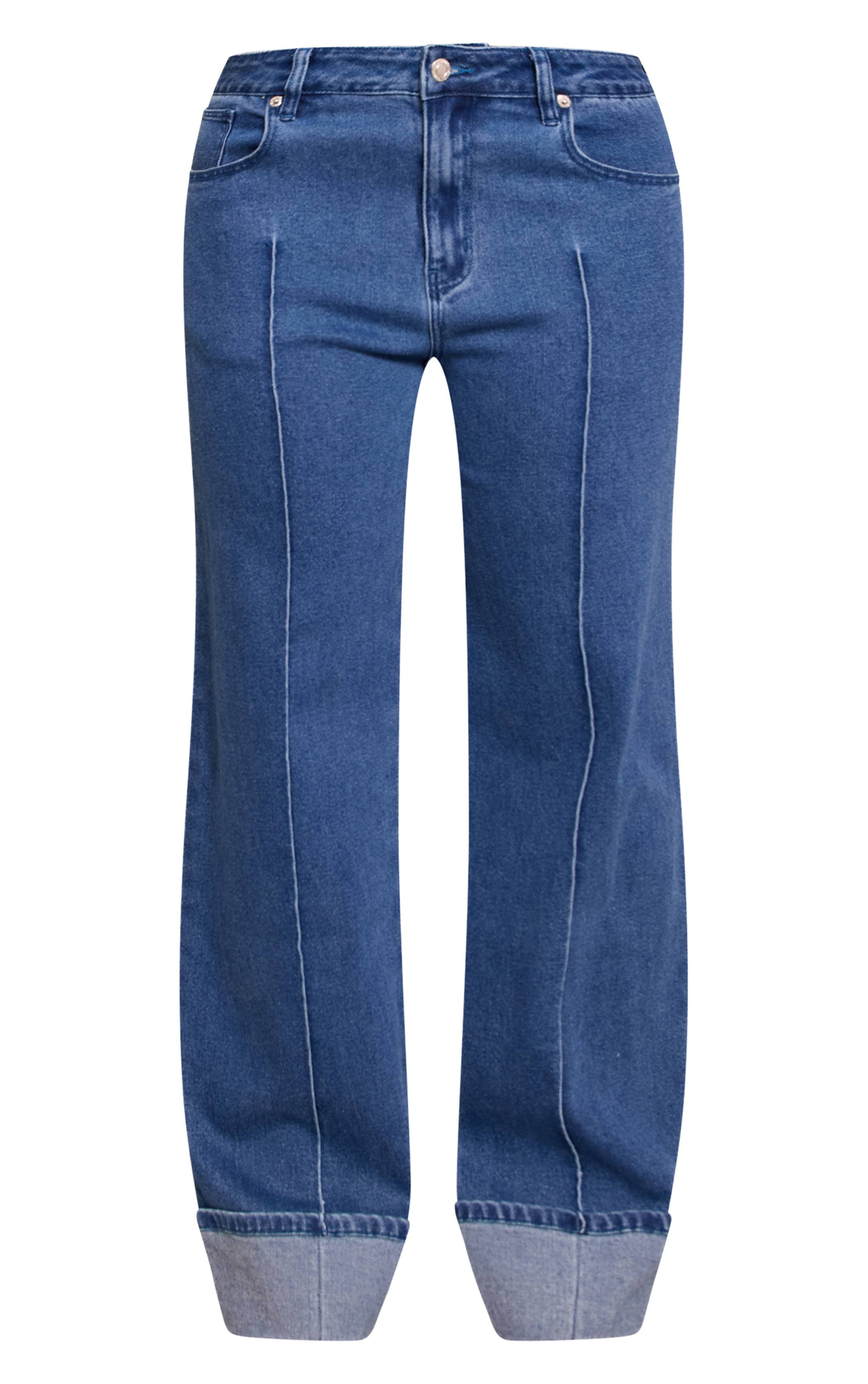 Bleu Foncé Jean Large Taille Haute En Denim Stretch Avec Pinces Et Ourlet Retroussé Shape