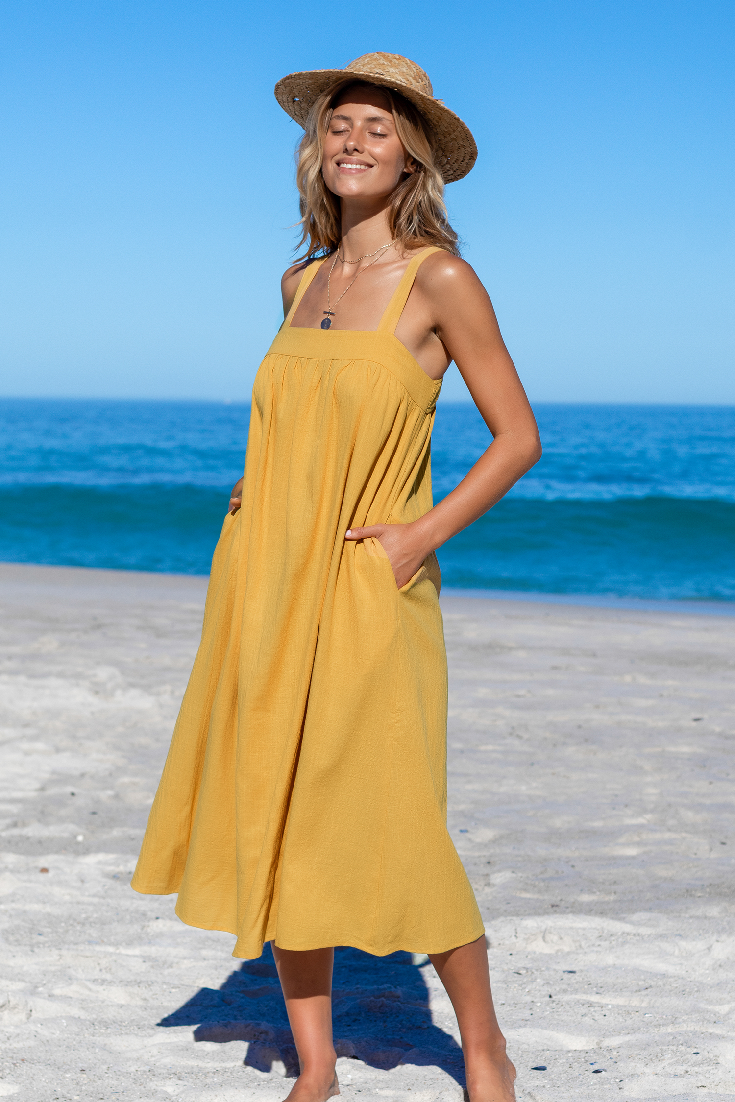 Robe maxi en pur coton sans manches à col carré