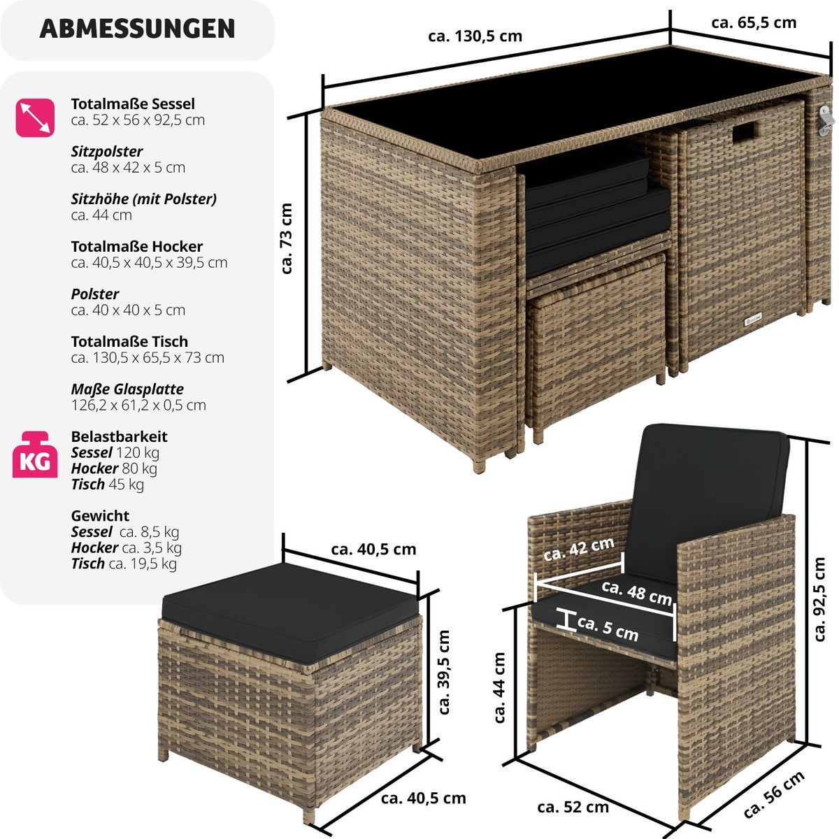 tectake Palermo rotan zitgroep voor 2 tot 4 personen inclusief flesopener, inklapbaar