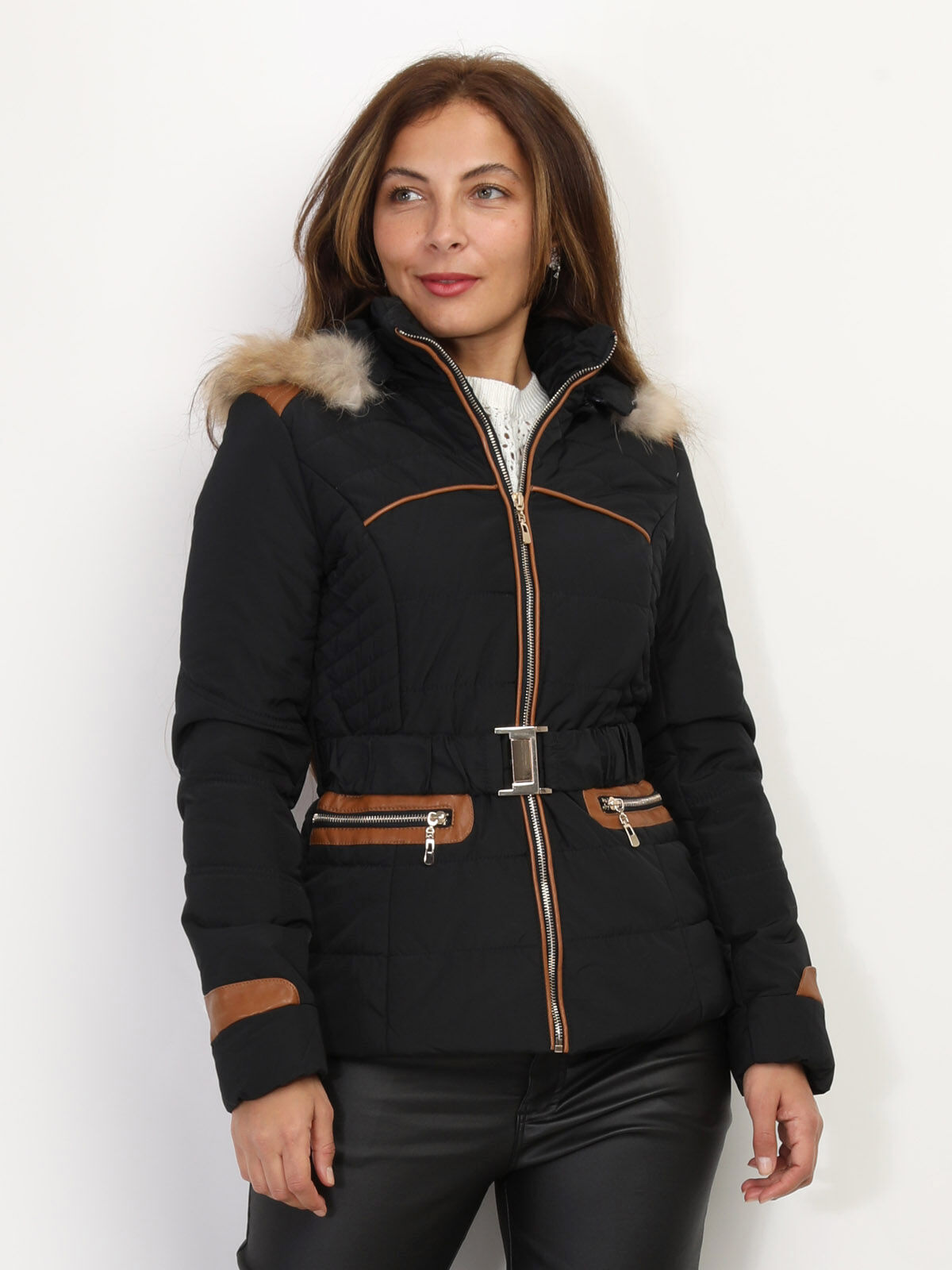 Manteau bi-matière ceinturé à capuche- Noir