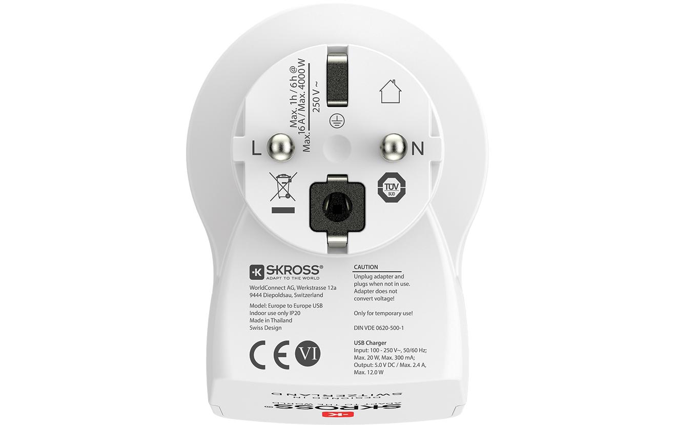 Reiseadapter Country Europe / Europe, USBReiseadapter für alle geerdeten und ungeerdeten 2- und 3-poligen Geräte, sowie USB-Geräte