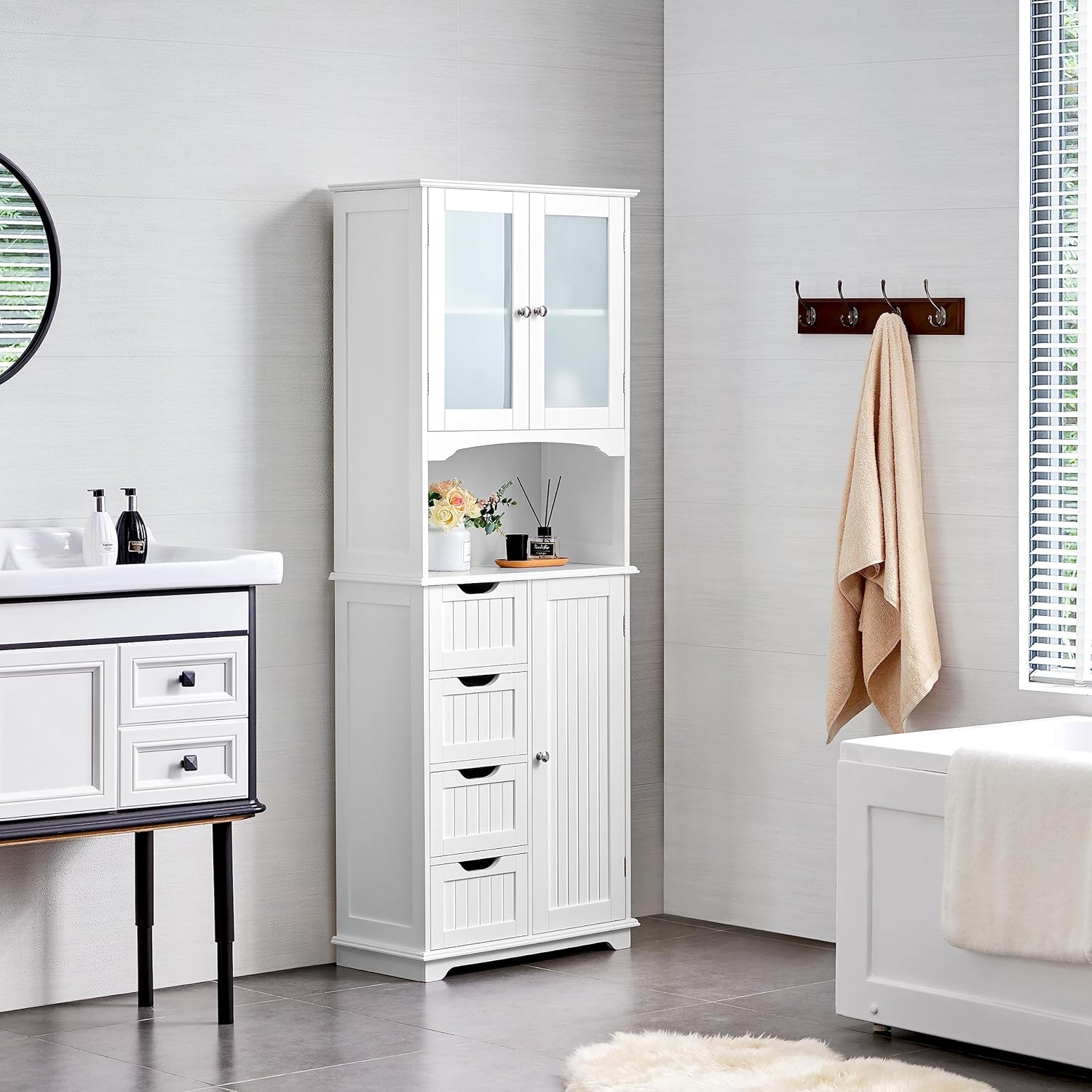 Yaheetech Badezimmerschrank Hochschrank Badschrank Küchenschrank mit Glastüren & Ablagefach Aufbewahrungsschrank Badkommode mit 4 Schubladen und verstellbarem Einlegeboden, 63x30x165,5 cm