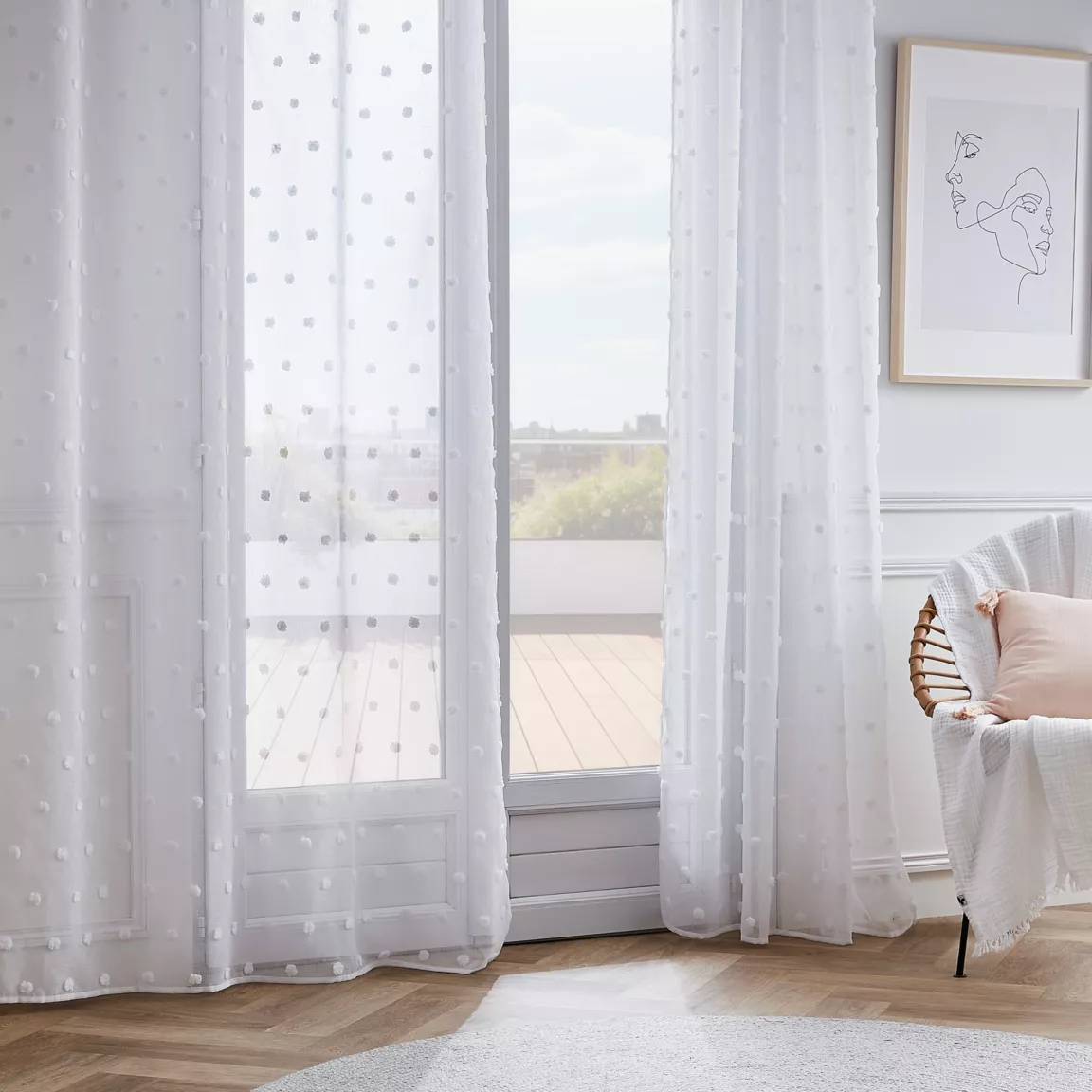Voilage galon fronceur pompons (140 x 240 cm) Emie Blanc