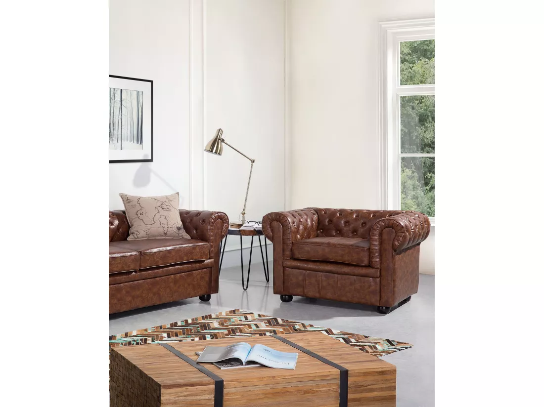 Fauteuil CHESTERFIELD Cuir PU Marron doré