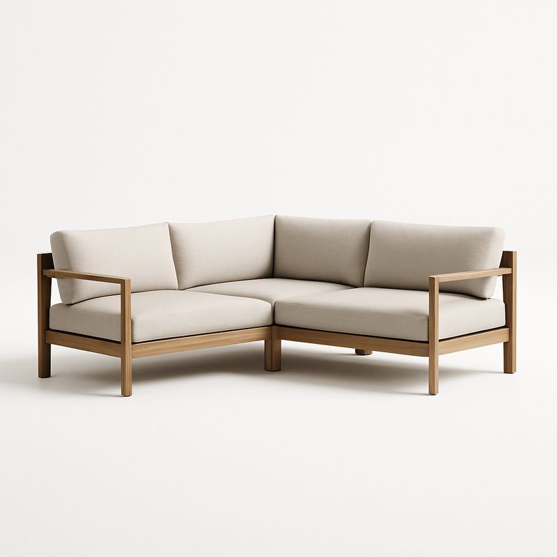 Ecksofa aus Holz mit beigem Stoffbezug