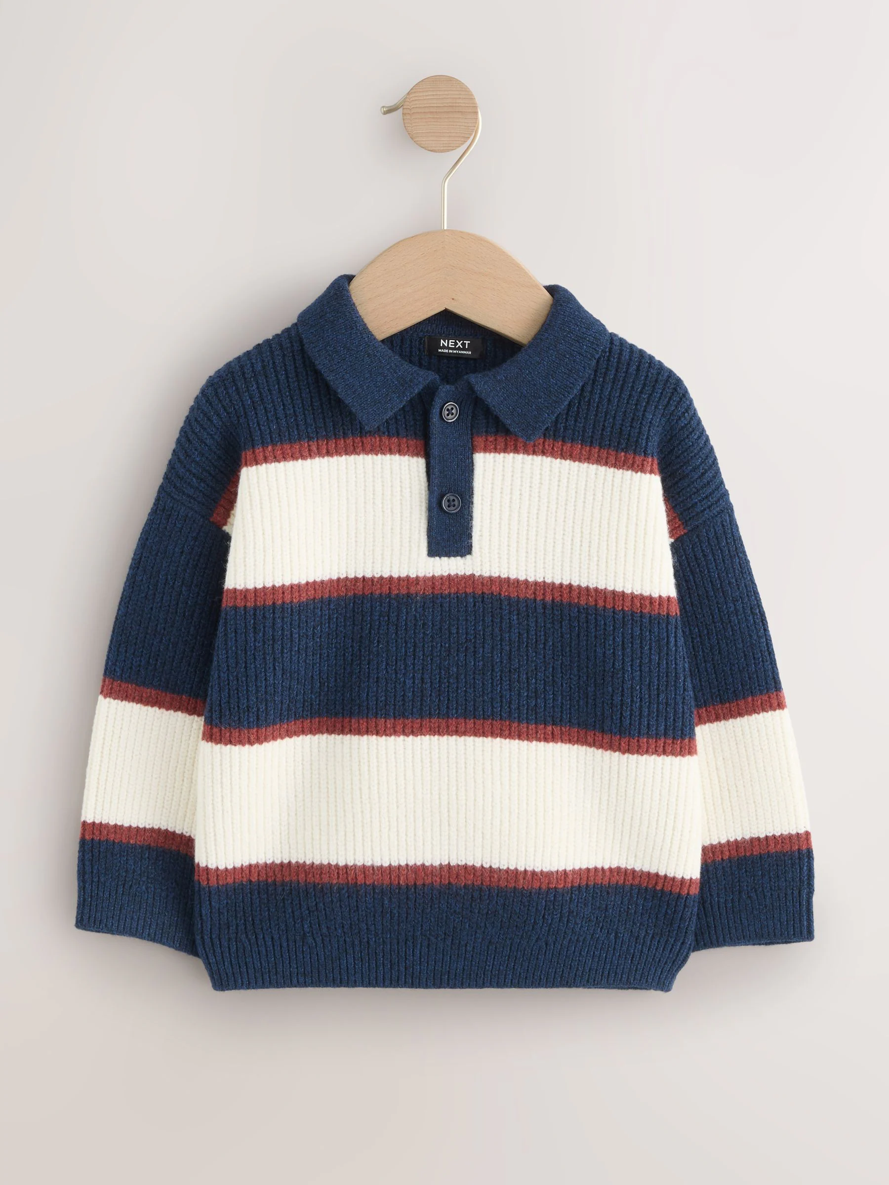 Marineblauw/bordeauxrood - Gebreid gestreept rugbypoloshirt (3mnd-7jr)