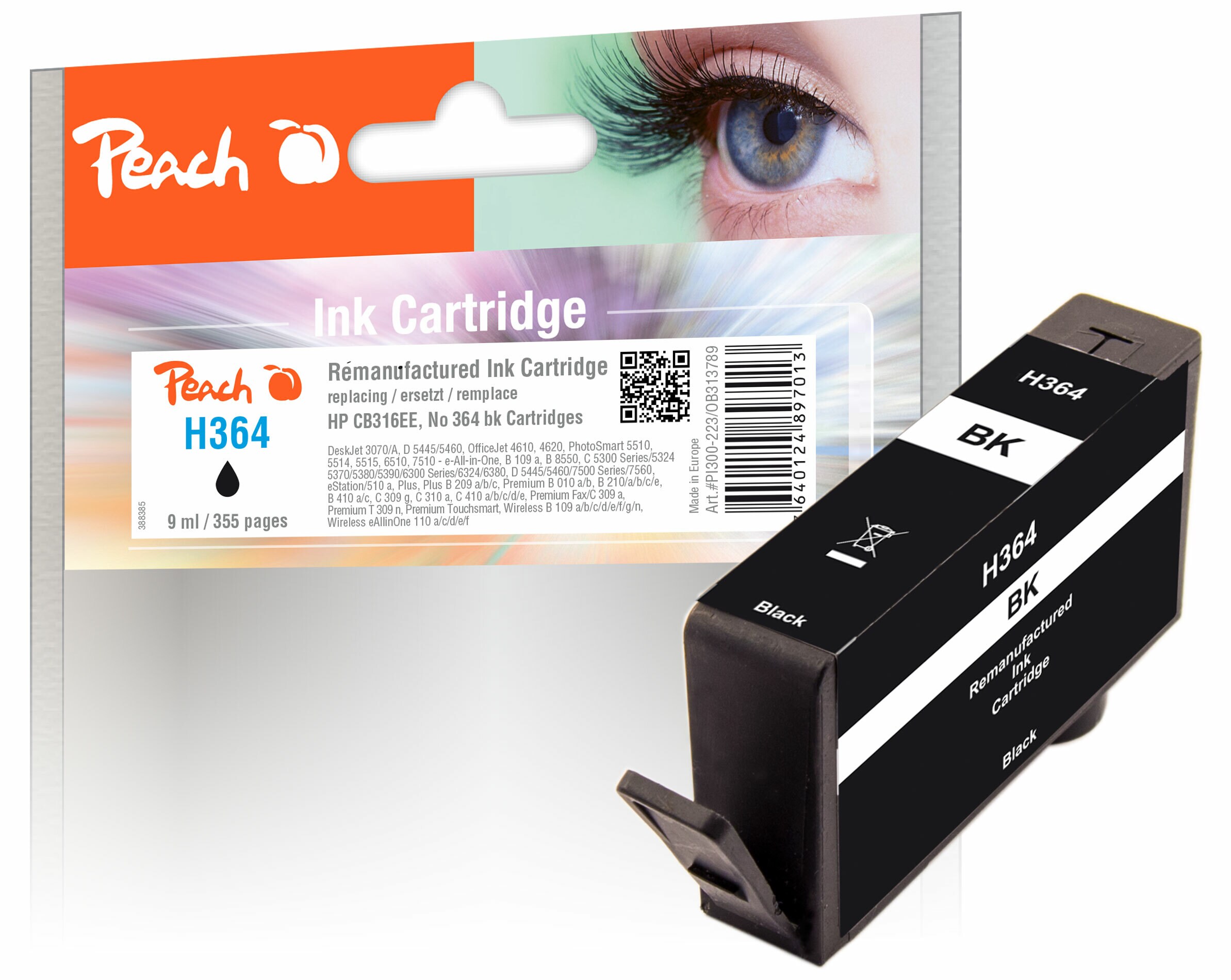 Peach HP 364 bk Druckerpatrone bk ersetzt HP No. 364 bk, CB316EE für z.B. HP PhotoSmart 7520 e All-in-One, HP OfficeJet 4622, HP PhotoSmart B 109 a (wiederaufbereitet)