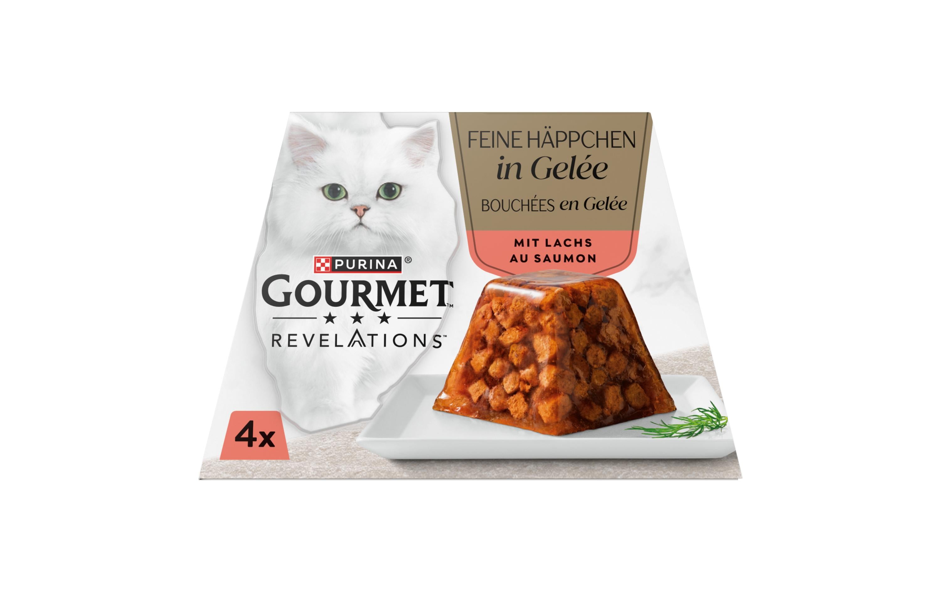 Nassfutter Revelations Feine Häppchen Gelée Lachs 4 x 57gAlleinfuttermittel für ausgewachsene Katzen