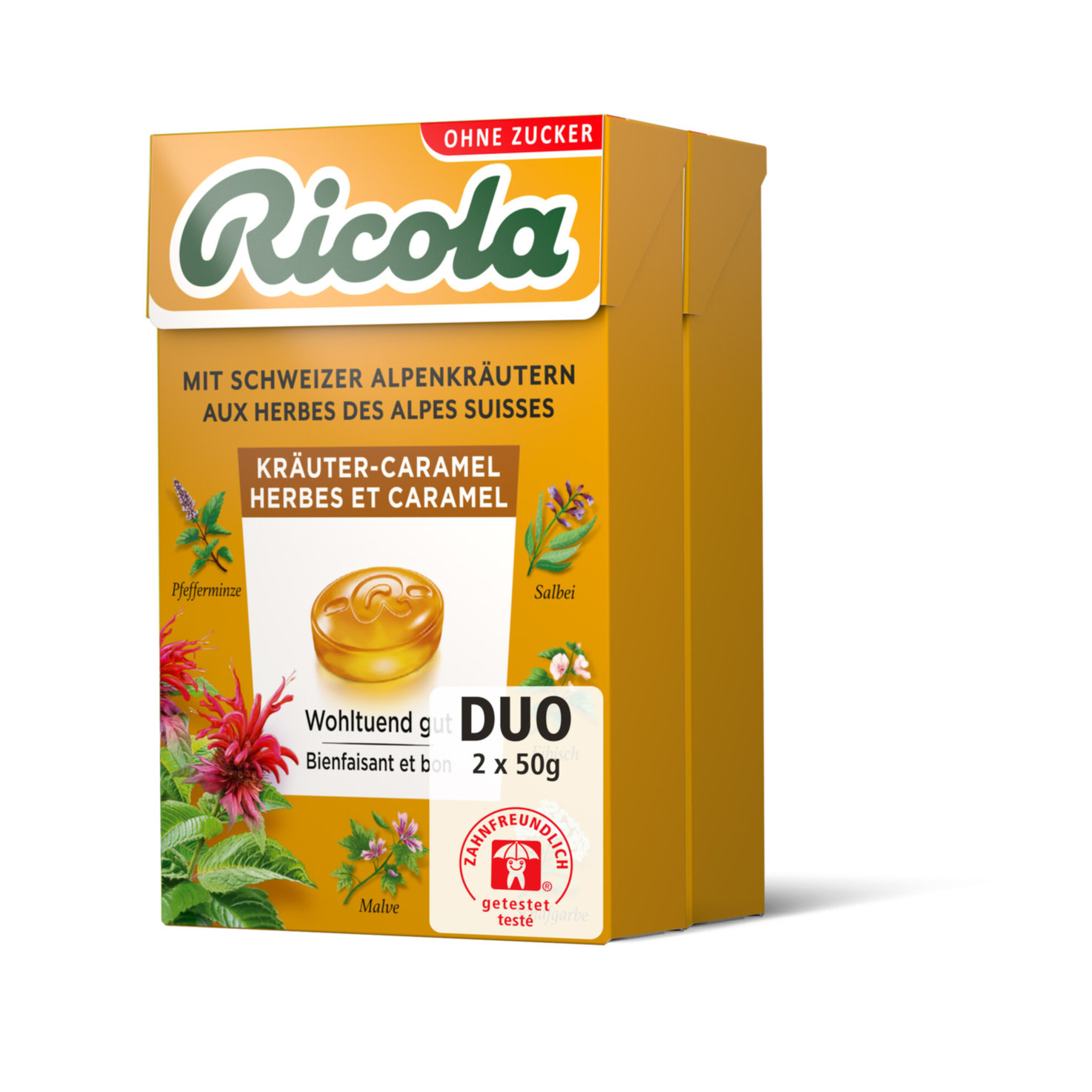 Ricola Bonbons Kräuter & Caramel ohne Zuckerzusatz 2x50g