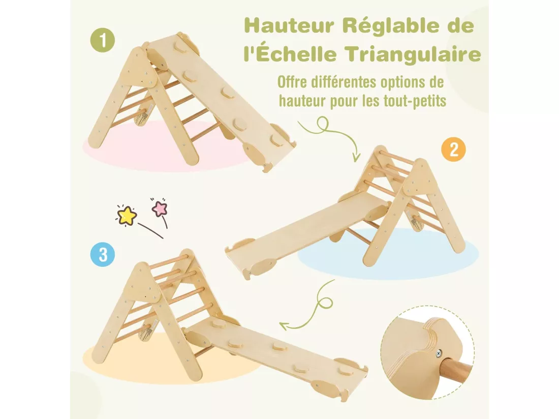 7 en 1 Triangle d'escalade Enfants avec Rampe Réversible, Arc d'escalade ou Bascule en Bois de Hêtre, Charge Max 50KG pour Glisser ou Grimper pour Bébé de 1 an+, Naturel
