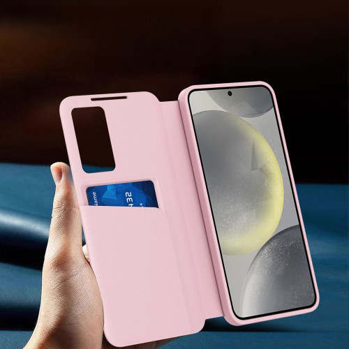 Samsung Galaxy S25 Ultra Leder Hülle Small Window View Flip Case Litchi Look- Rosa
