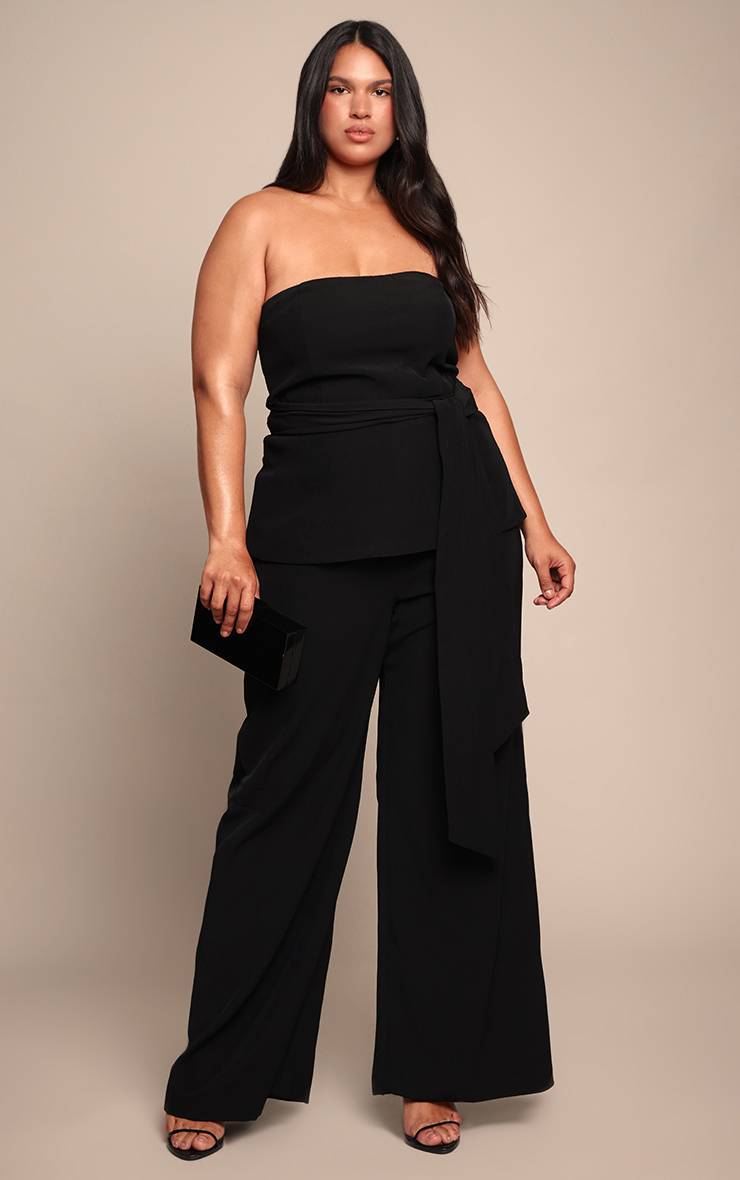 Noir Pantalon Large Taille Haute Tissé Ajusté Grande Taille Ensemble Coordonné