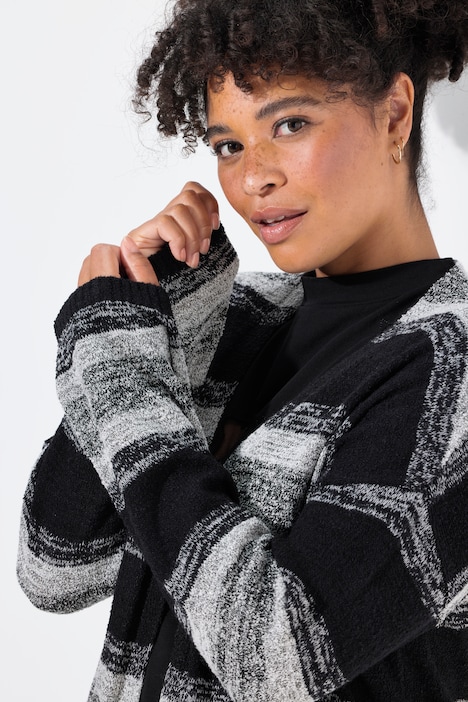 Strickjacke, extra lang, offene Form, Blockstreifen