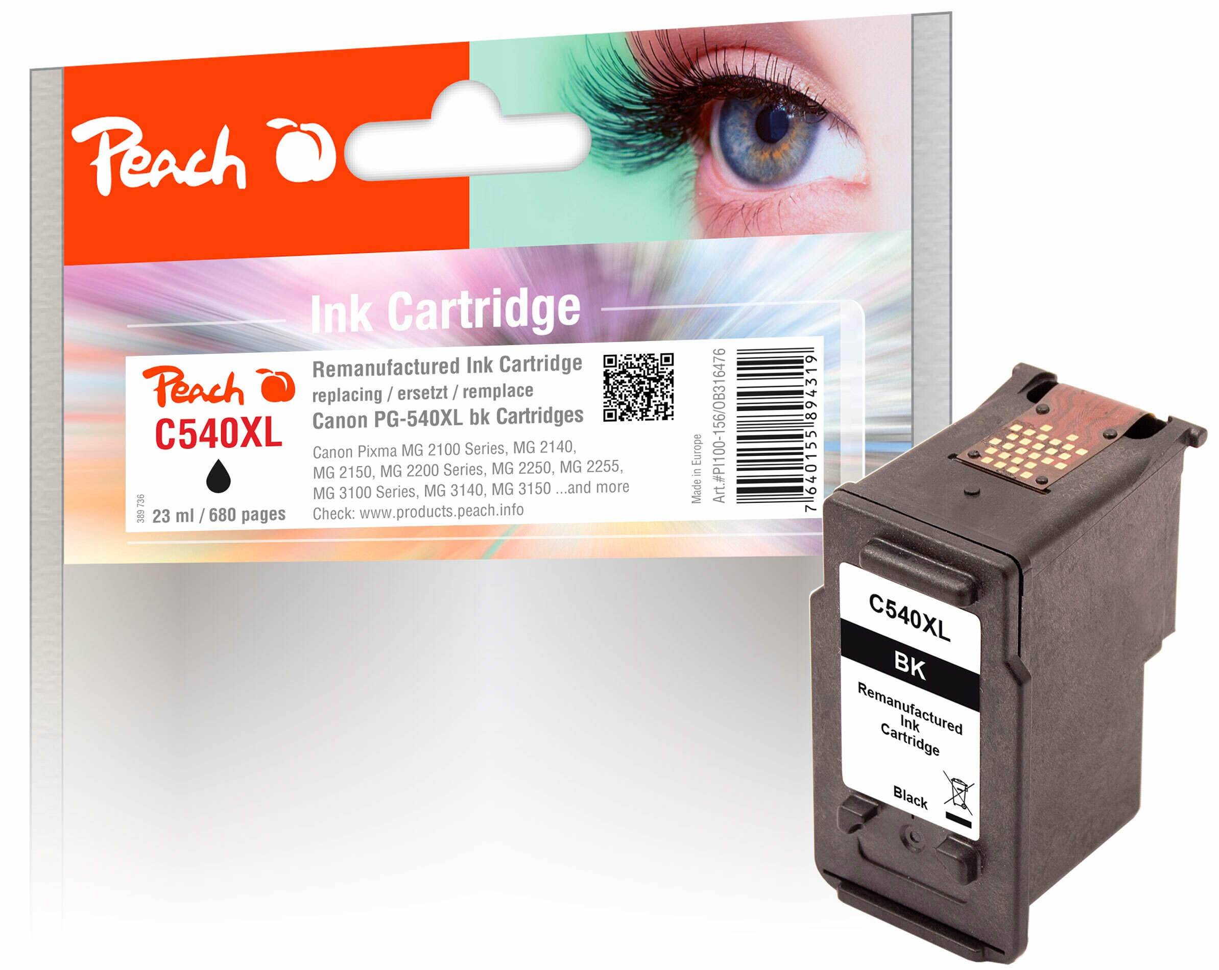 Peach C540 XLBK Druckkopf XL bk ersetzt Canon PG-540XLBK, 5222B005 für z.B. Canon Pixma TS 5150, Canon Pixma MG 3650 S black, Canon Pixma MG 3650 (wiederaufbereitet)