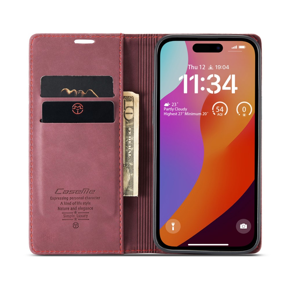 iPhone 16 Pro Leder Tasche Flip Wallet Etui mit Kartenfächern - Dunkelrot