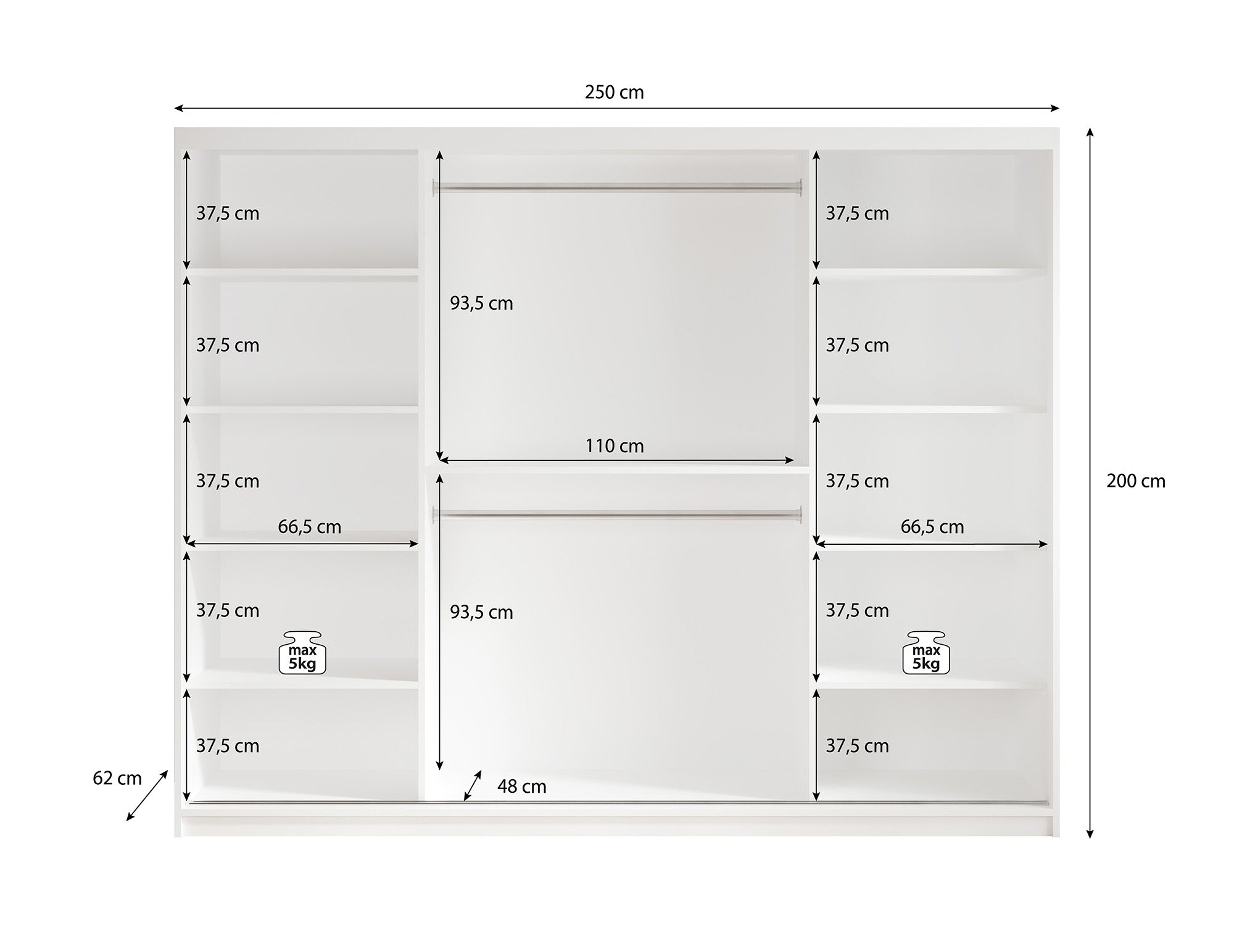 Mandalin - Kledingkast met spiegel - Zwart - 250x62x200 cm