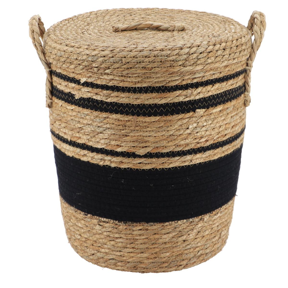 PANIERE COUVERCLE PAILLE COTON 32X38CM NATUREL NOIR