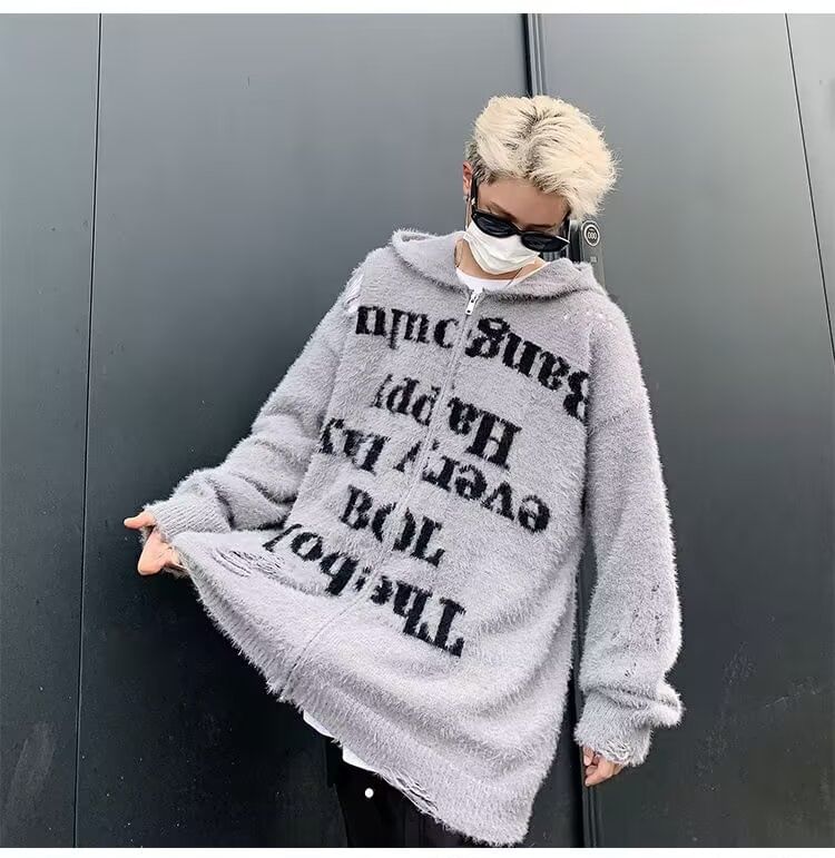 Femilina - Lettering Distressed Hooded Zip Cardigan
