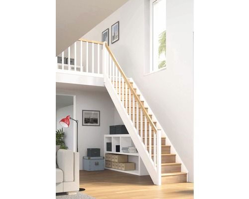 Pertura Elenie trapboom, beuken gelamineerd hout met stootborden, gelakt, recht, 83,5 cm, 14 treden / 15 stootborden, balustrade