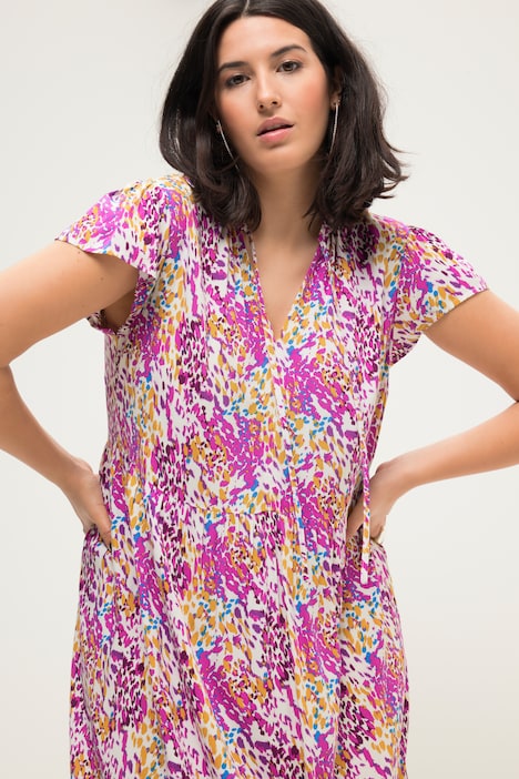 Midikleid, A-Line, Colorprint, Rundhals, Cup-Ärmel