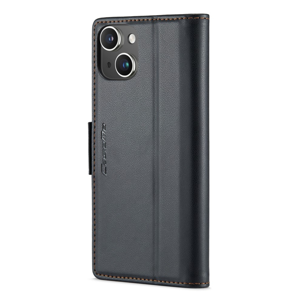 iPhone 14 Leder Tasche Flip Wallet Etui mit Kartenfächern Litchi Look (RFID Schutz) - Schwarz