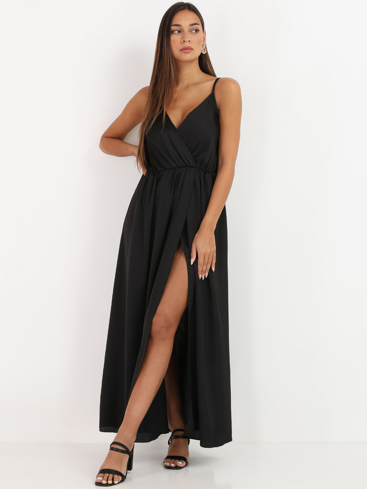 Robe portefeuille satinée- Noir
