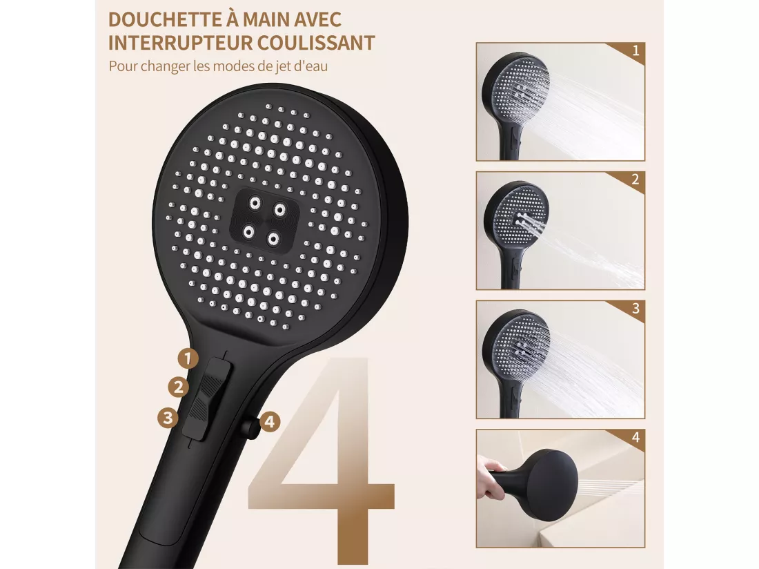 Colonne de Douche Thermostatique 40℃ avec Plateau de Rangement Ensemble de douche 4 fonctions avec douchette pour enfants