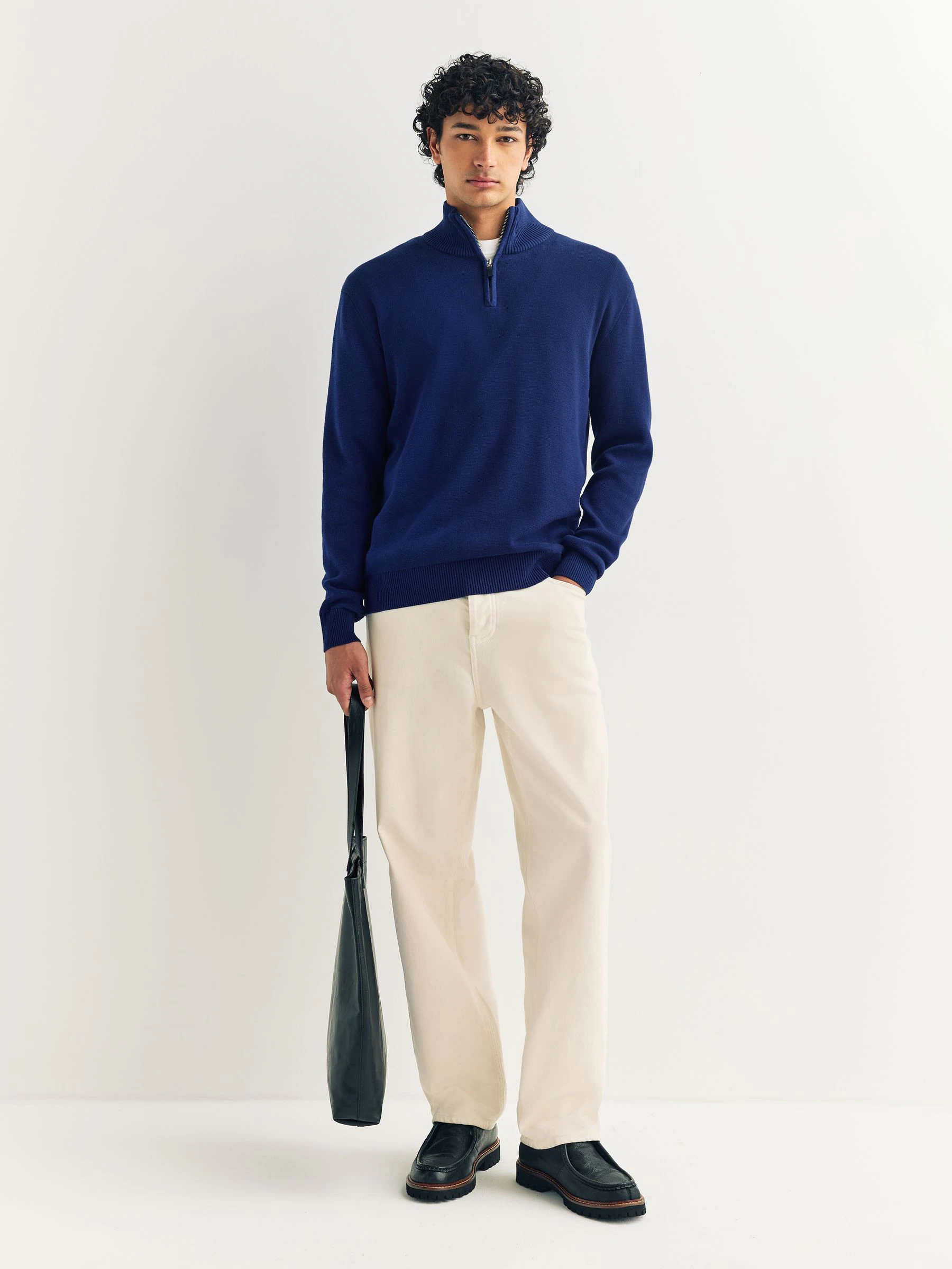 Donkerblauw - Effen - Regular fit 100% katoenen premium trui met korte rits