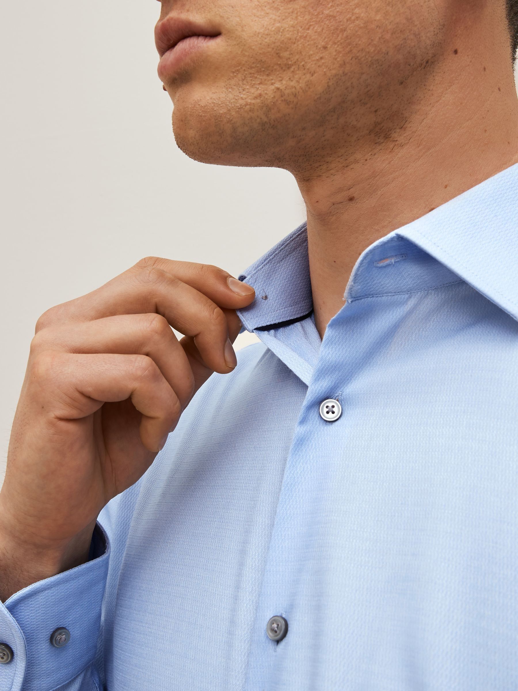 Blauw - Normale Pasvorm - Onderhoudsvriendelijk, getextureerd, slim fit overhemd met enkele manchet