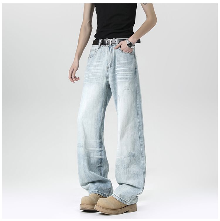 Filmas - Mid Rise Washed Distressed Loose Fit Jeans