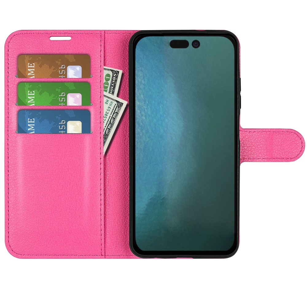 iPhone 14 Leder Tasche Flip Cover Litchi Look - Pink