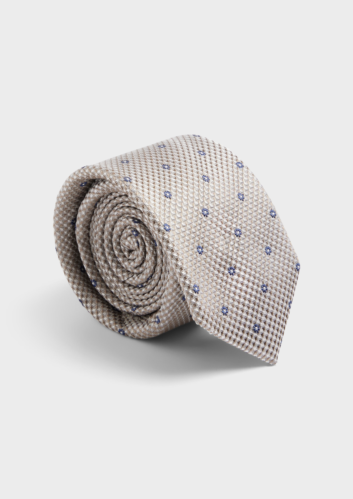 Cravate large en soie beige à motif fantaisie bleu