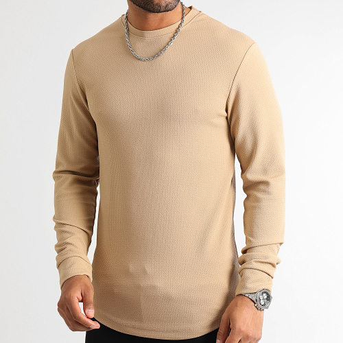 Tee Shirt Manches Longues Texturé Waffle 0554 Beige Foncé