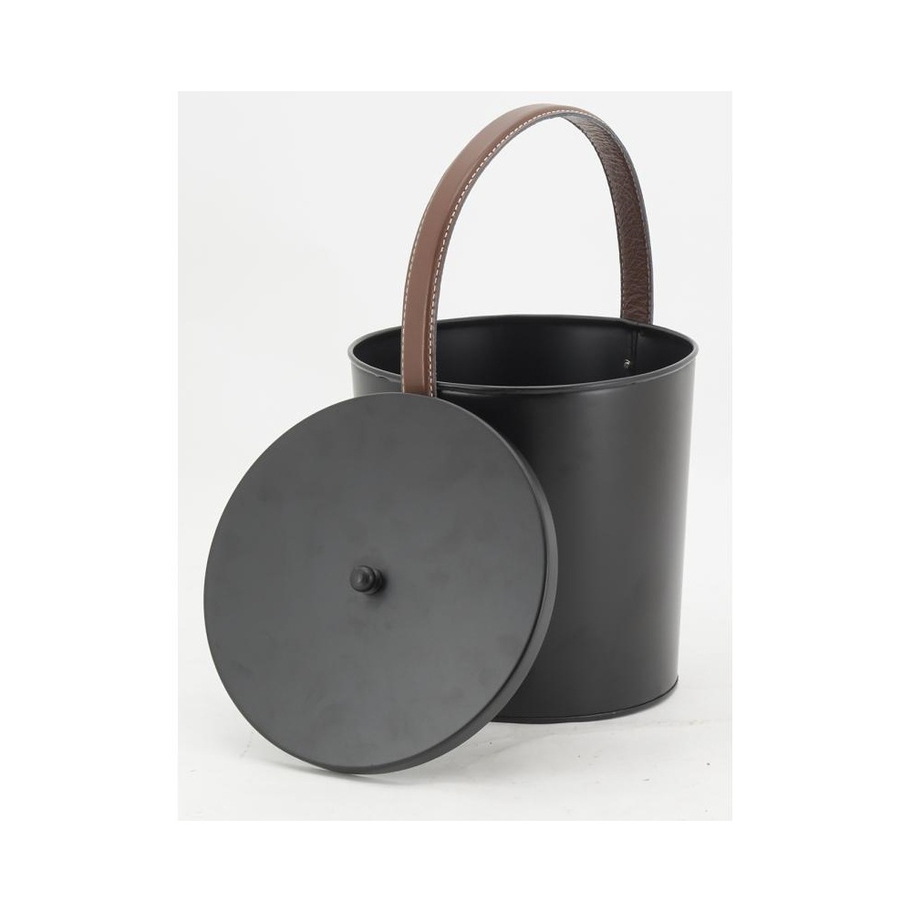 Seau à cendres en métal noir et cuir