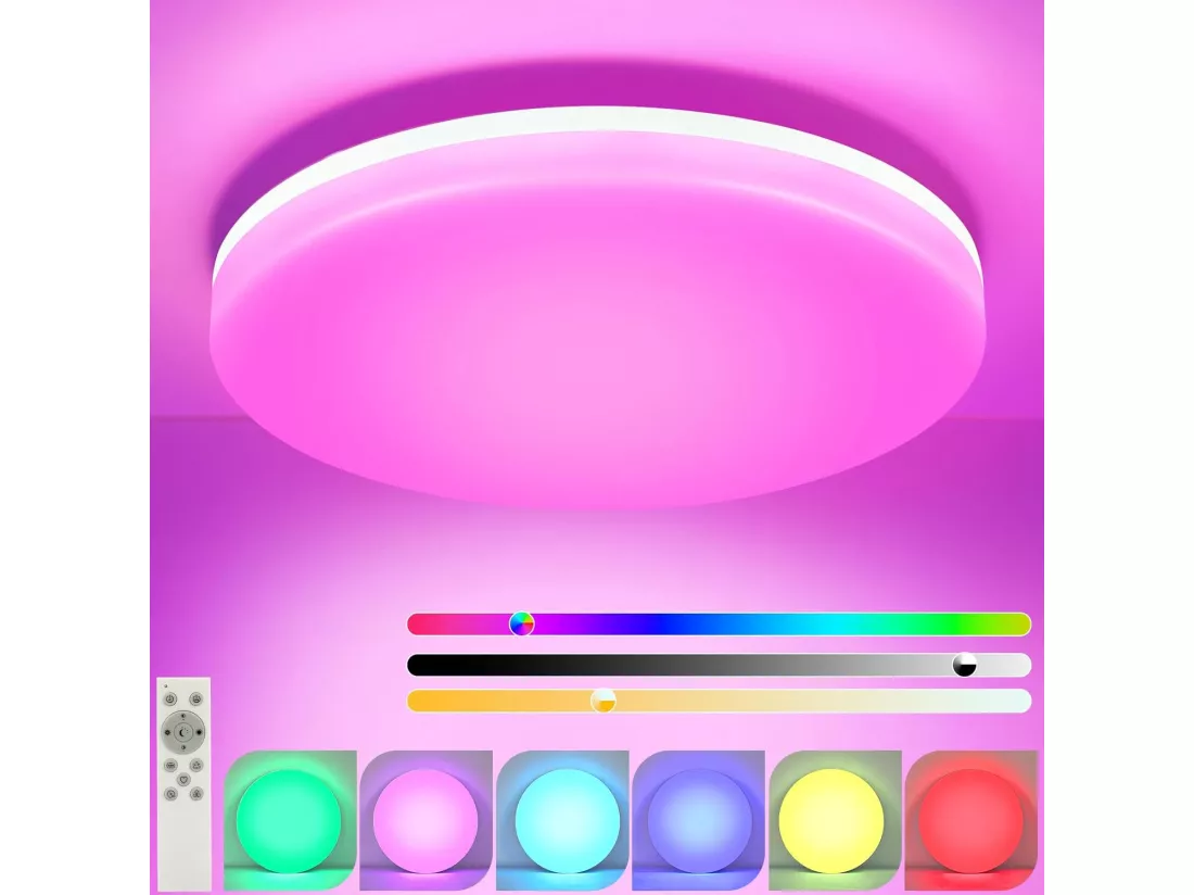 NETTLIFE plafonnier LED salle de bain dimmable avec télécommande plat Ø22CM 18W lampe de cuisine ronde RGB lampe de couloir IP54