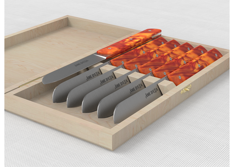 Service de 6 couteaux de table avec un manche en Madreperlato Orange et lame en acier inoxidable