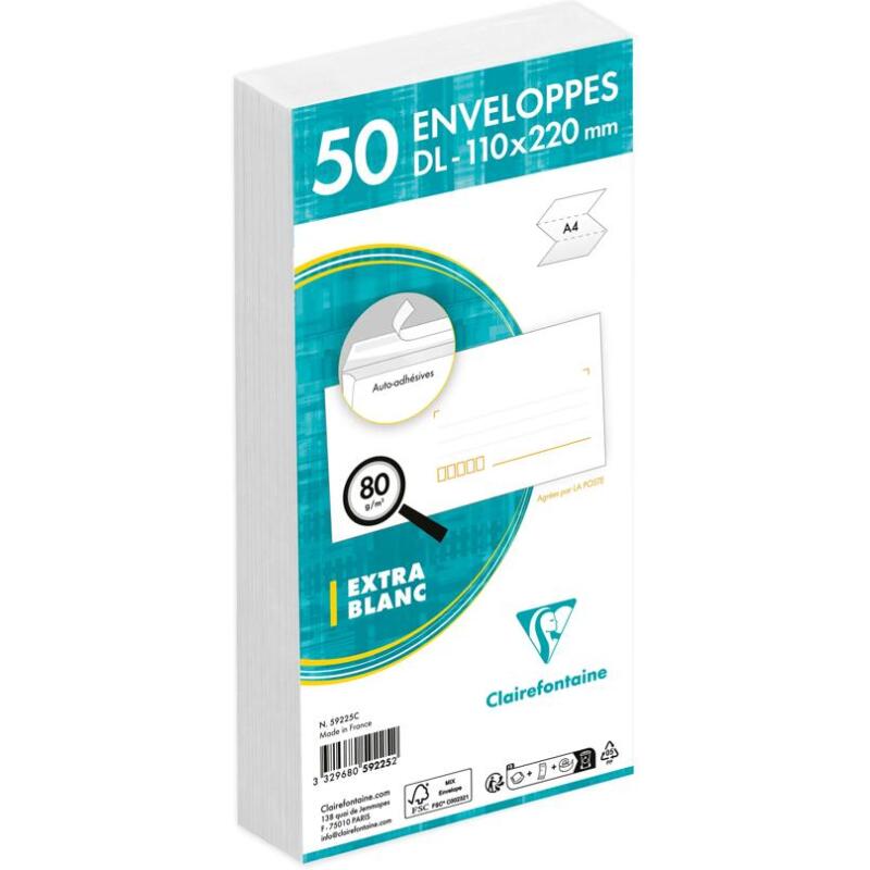 Paquet de 50 Enveloppes Blanches DL-110x220 mm - Précasées - Auto-Adhésives - 80g/m2 - Blanc