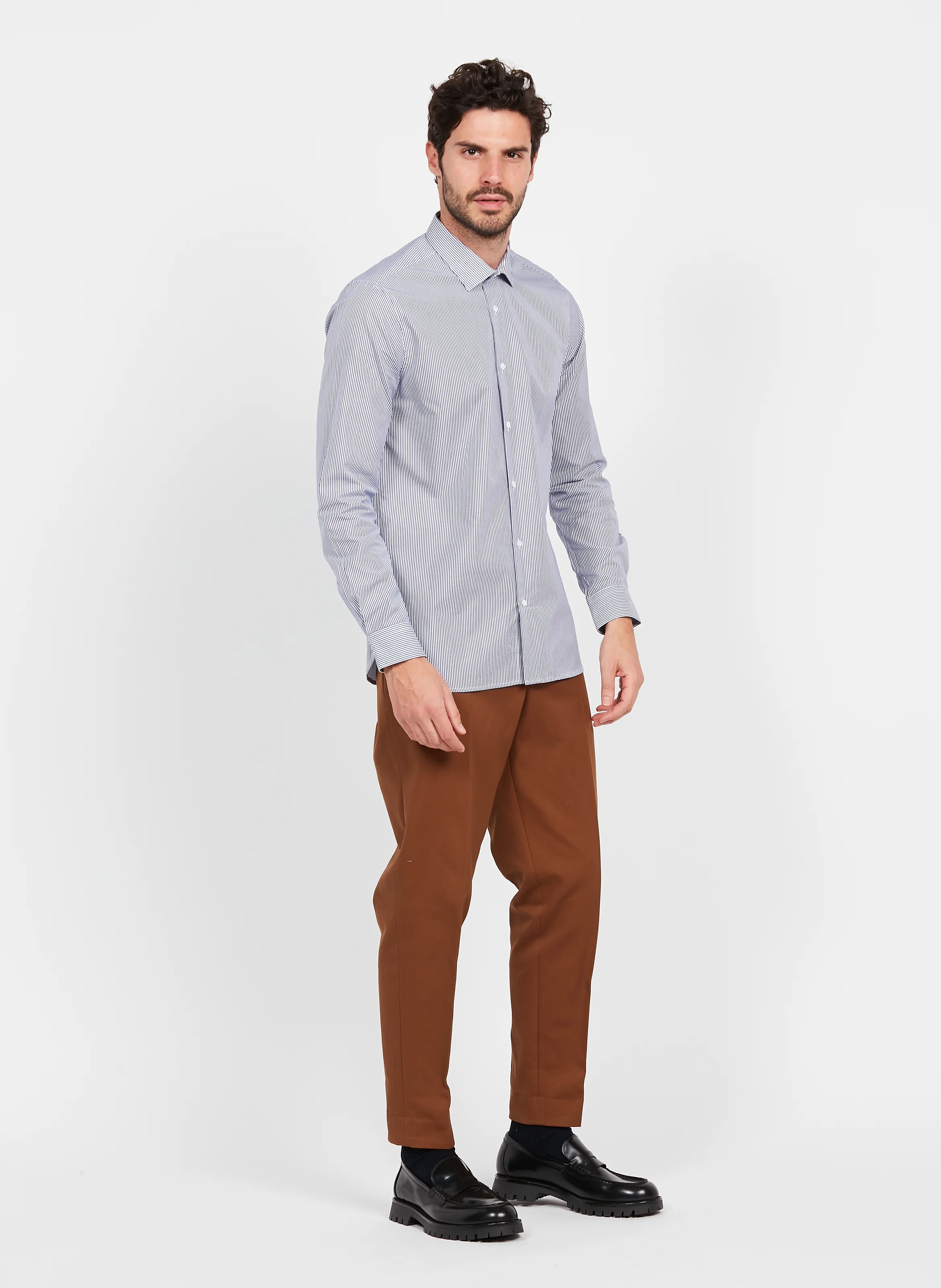 Chemise col classique slim-fit rayée en coton| Bleu