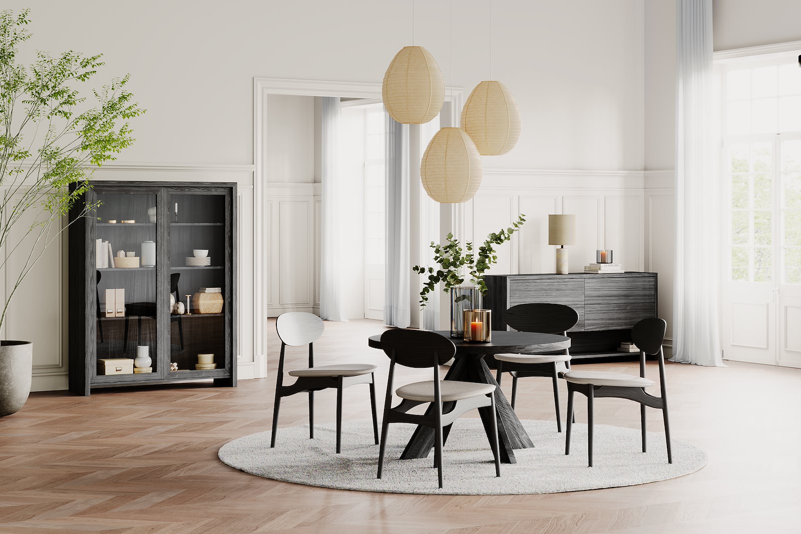 Guest spisebord Ø120 cm. Sortbeiset eikefinér. Inkl uttrekk med plass til 4 ileggsplater