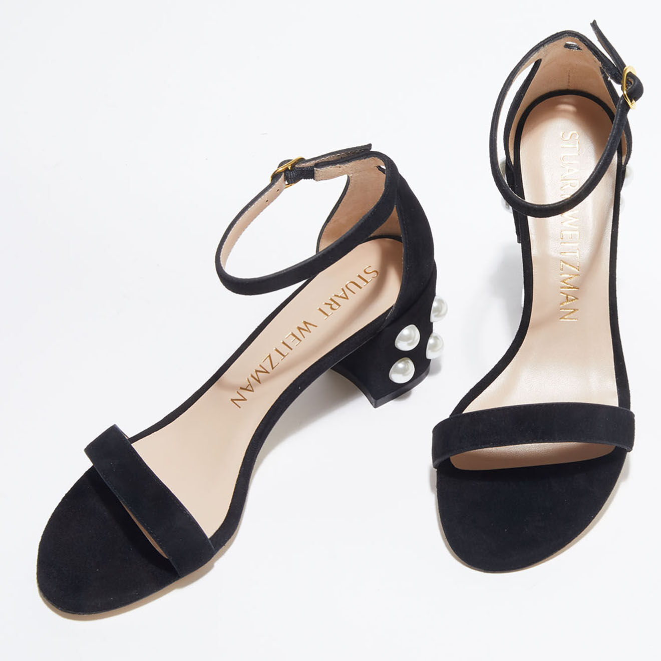 Stuart Weitzman Sandales en Velours de Cuir Simple Pearls noires - Talon 6,5 cm