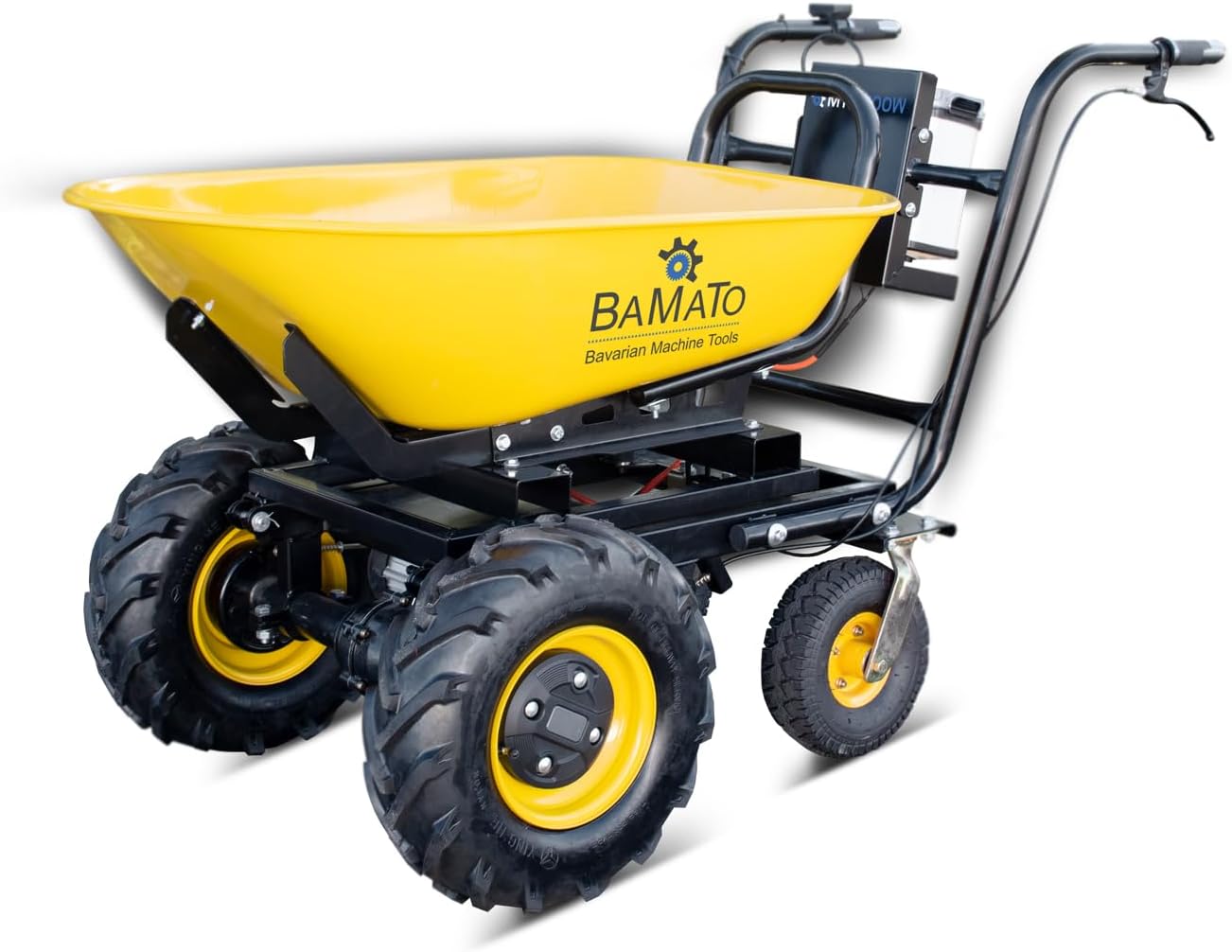 BAMATO Elektrische Schubkarre MTR-300W | Elektroantrieb | 300 kg Traglast | 400W Motorleistung | Max. 6,0 km/h vorwärts | Muldenvolumen 100 Liter | Stufenlose Geschwindigkeit | Schubwagen Schubkarren