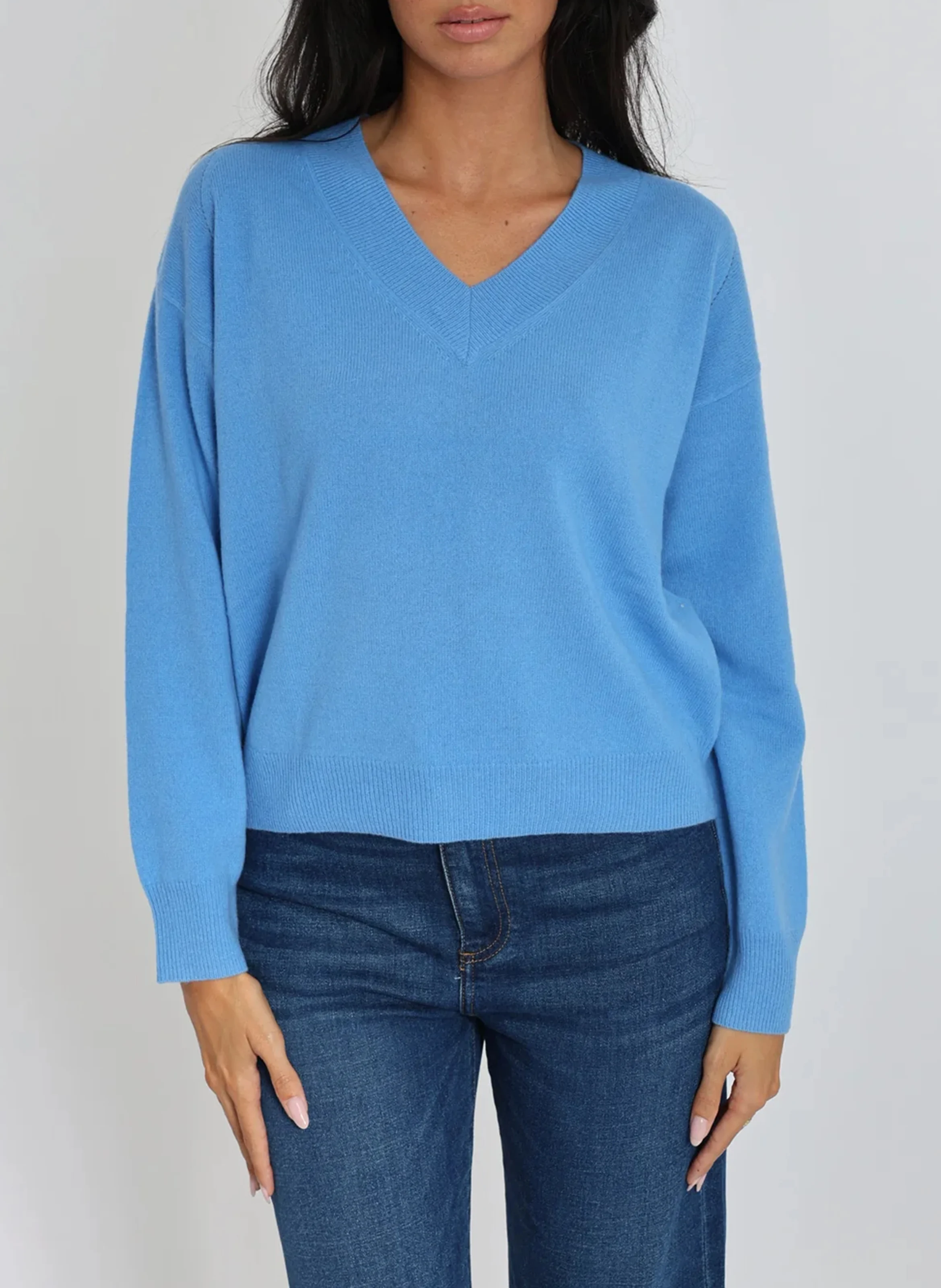ANITA - Pull ample col V en laine et cachemire | Bleu